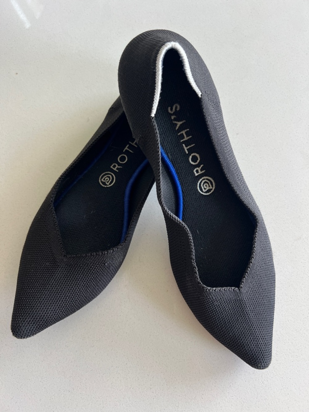 Rothy's Black Pointed Knit Flats with Blue Insole Trim - Picture 6 of 11